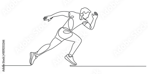Continuous line art drawing of a runner in starting position