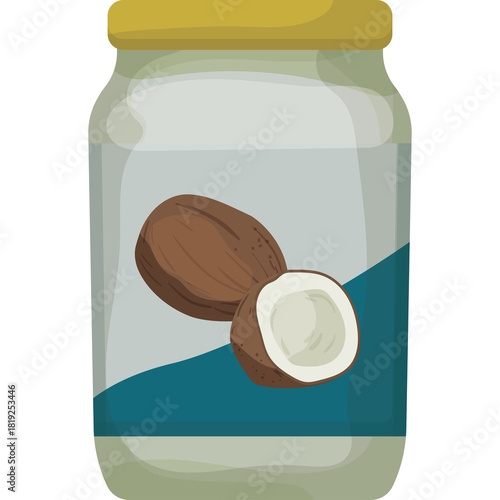 Jar of Coconut Oil with Whole and Halved Coconuts on Label Isolated on White Background Simple Cartoon Style