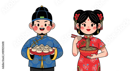 Vibrant illustration showcasing cultural heritage through traditional cuisine and costumes