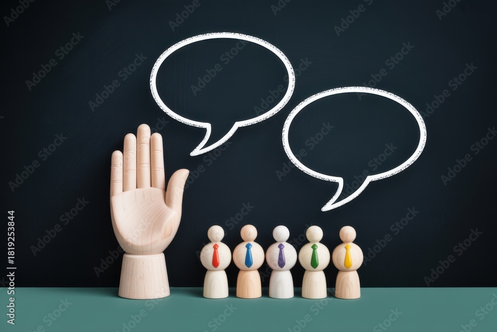 Obraz premium Wooden hand raising amidst tiny figures under speech bubbles symbolizing communication and ideas