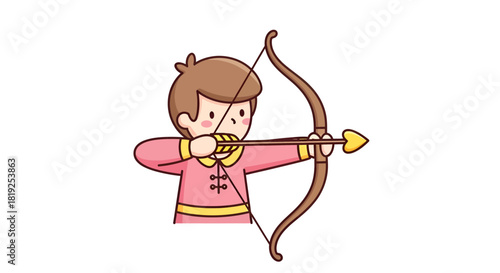 Whimsical archery illustration featuring a playful character aiming heart tipped arrow
