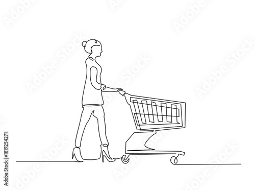 Continuous line art drawing of Woman pushing shopping trolley. Editable stroke.