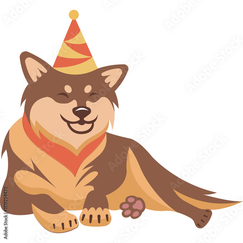 Joyful Shiba Inu Dog Wearing Party Hat and Scarf in Warm Tones Celebrating a Birthday With Eyes Closed in Happy Expression on Transparent Background