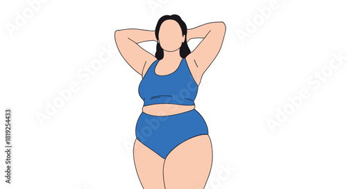 A confident, full-figured woman in a blue two-piece swimsuit poses with her hands behind her head, celebrating body positivity.