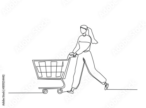 Continuous line art drawing of Woman pushing shopping trolley. Editable stroke.