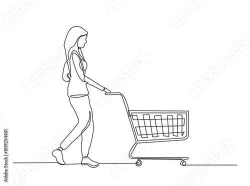 Continuous line art drawing of Woman pushing shopping trolley. Editable stroke.