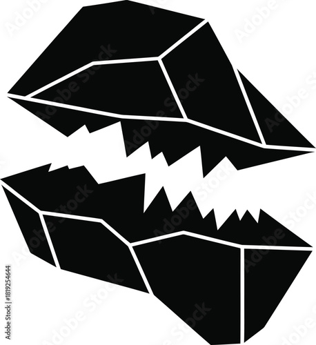 Vector geometric jaws in black and white open wide, revealing sharp teeth, isolated on white background a minimalist, polygonal design
