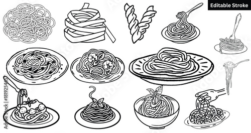Hand-Drawn Pasta Vector Illustration Set with Editable Stroke – Spaghetti, Noodles, Fusilli, Bowl Dishes and Fork Twirl Line Art Collection.