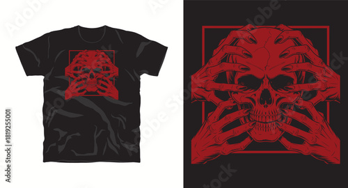 Red skull being held by hands illustration graphic t-shirt  design