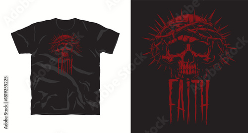 Skull with Crown of Thorns and Faith in Red Vector t-shirt Illustration