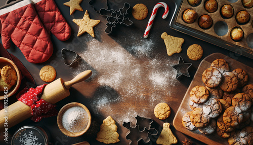 Vista superior de una cocina navideña con guantes acolchados rojos, galletas caseras, bastones de caramelo, rodillo y cortador de jengibre sobre una superficie de madera, transmitiendo calidez.