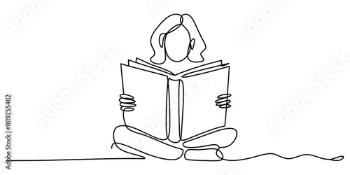 Single line art drawing of person sitting and reading a book