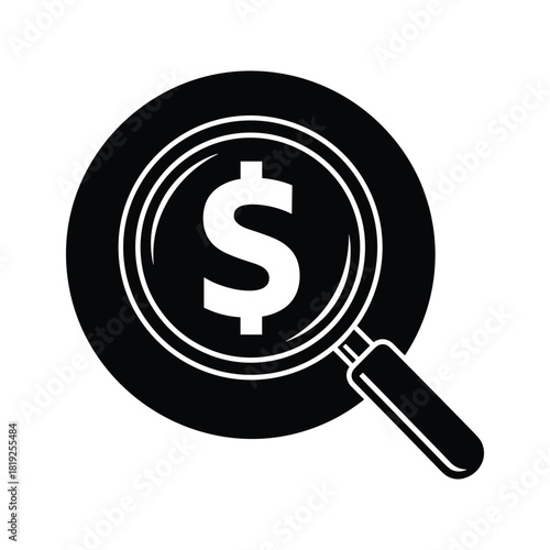 Black magnifying glass over white dollar sign coin symbol search