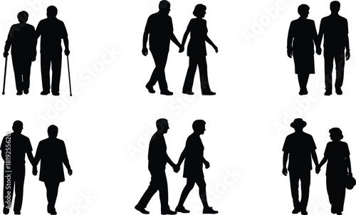 Set of elderly couple silhouettes walking together, senior love, aging, companionship, care, support, togetherness, retirement, relationship, unity, affection