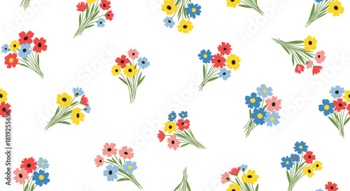 Charming seamless pattern with small, colorful bouquets of hand-drawn wildflowers in red, yellow, blue, and pink, on a clean white background.
