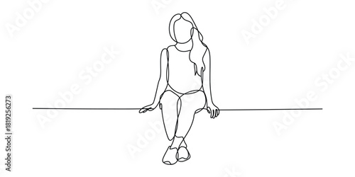 Continuous line drawing of a female figure sitting on a line