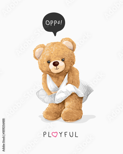 playful slogan with cute girly bear doll in white dress vector illustration