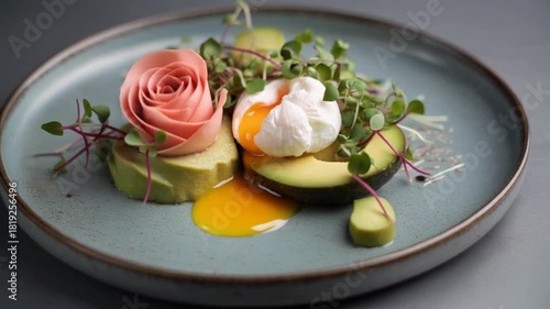 Wallpaper Mural Gourmet Avocado and Poached Egg Dish with Edible Flower Garnish on a Ceramic Plate. Torontodigital.ca