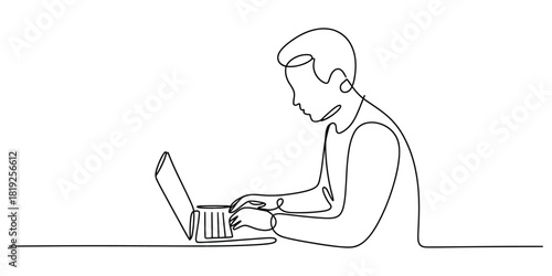 Continuous line drawing of man focused on laptop, desk, technology