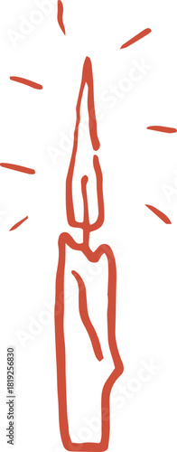 Whimsical line art illustration of red thin taper candle stick. Vector vintage cottagecore Christmas hand drawn doodle.