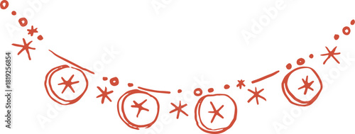 Whimsical line art illustration of hand made rustic garland with dried orange. Vector vintage cottagecore Christmas hand drawn doodle.