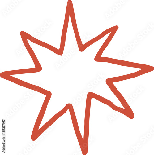 Whimsical line art illustration of red Star of Bethlehem, starburst shape. Vector vintage cottagecore Christmas hand drawn doodle.