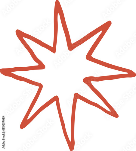 Whimsical line art illustration of red Star of Bethlehem, starburst shape. Vector vintage cottagecore Christmas hand drawn doodle.