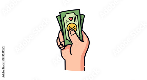 Stylized hand holding money illustration conveying affection for finances using heart symbols