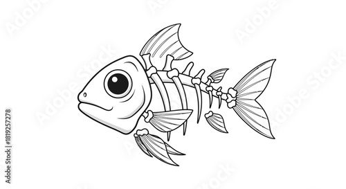 Stylized monochrome depiction of a fish skeleton with prominent eye illustration