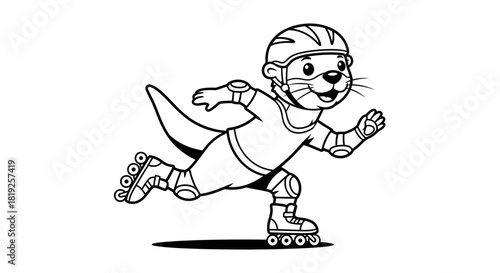 Stylized vector illustration of a cute otter character rollerskating with protective gear line art