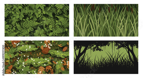 Set of four natural backgrounds featuring lush green ferns, marsh reeds, forest floor moss, and a dark silhouette.