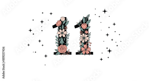 Decorative number eleven with an elegant floral arrangement and whimsical stars on a clean white background, perfect for anniversaries or special dates.