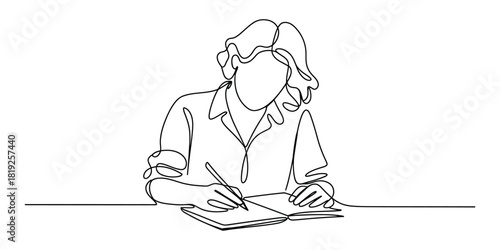 One line drawing person writing in notebook, studying or working