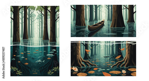 Set of three serene illustrations of a flooded forest, showing a canoe, underwater life, and floating autumn leaves.