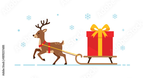 A cute reindeer pulling a simple sleigh carrying a large red Christmas present during a gentle, snowy winter day.