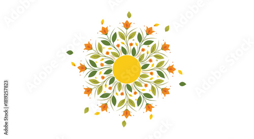 Symmetrical floral mandala design with a central yellow sun, surrounded by orange flowers and green leaves and vines.