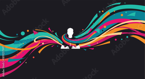 Dynamic and colorful abstract background with a silhouette of a person working at a desk surrounded by flowing waves.