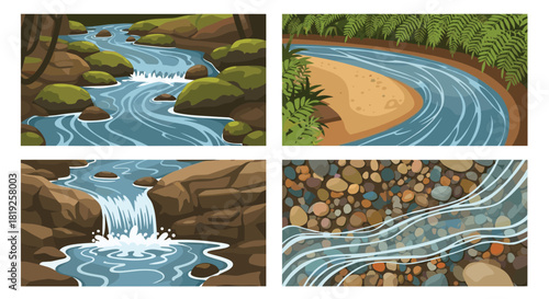 Collection of four river and stream scenes showing water flowing over rocks, around a sandbank, and over pebbles.