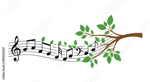 Creative illustration combining nature and music with musical notes on a staff that transforms into a tree branch.