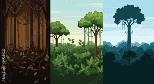 Set of three vertical jungle and rainforest backgrounds showing different times of day and levels of foliage density.