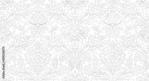 Elegant white and light grey seamless damask pattern featuring ornate floral and scrollwork motifs on a textured background.