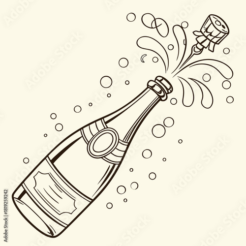 A sketched bottle of champagne with sparkling bubbles rising around it.