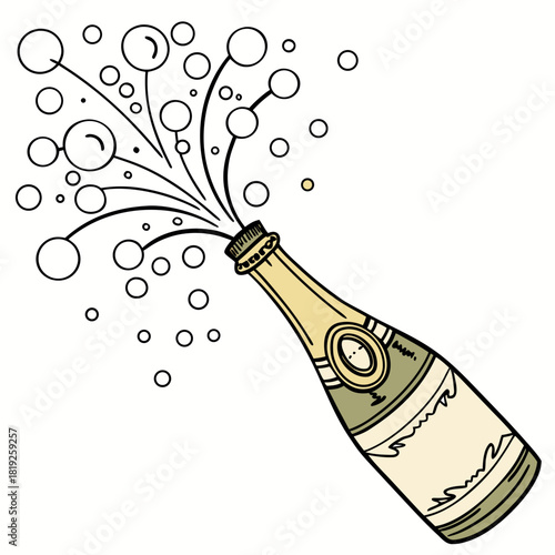 A sketched bottle of champagne with sparkling bubbles rising around it.