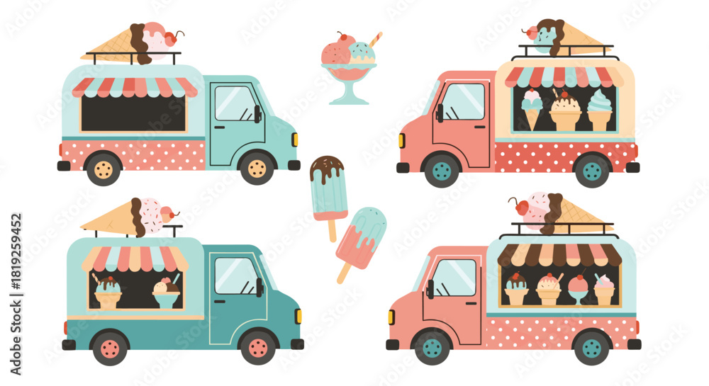 Naklejka premium Colorful illustration of various ice cream trucks serving different frozen treats like cones, sundaes, and popsicles.