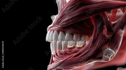 Detailed 3D rendering of human jaw muscles and teeth, showcasing anatomical structure on a dark background.