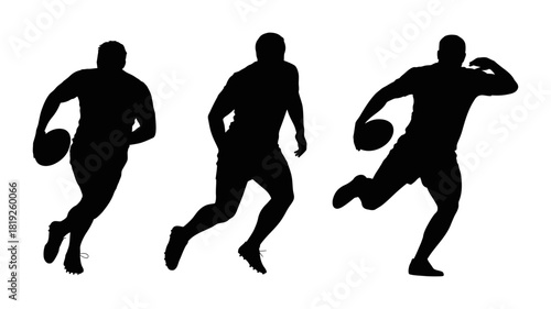 Dynamic silhouettes of male rugby players in action, running with the ball, depicting teamwork, athleticism, and sport competition on white