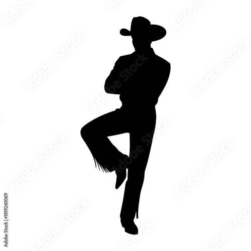 Dynamic silhouette of a cowboy or western person in a lively, playful pose, standing on one leg with arms crossed, symbolizing freedom and fun