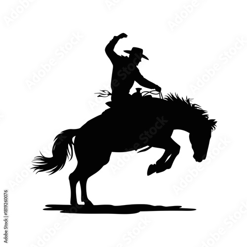 Cowboy riding bucking horse silhouette, western rodeo sport action, iconic wild west emblem, equestrian event dynamic art vector graphic isolated design