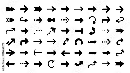 A diverse assortment of black arrow vector icons and symbols for indicating direction, movement, navigation, progress, and interface design.