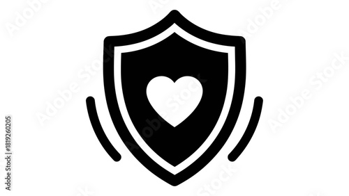 Black shield icon with a white heart, symbolizing protection, security, and compassionate health support, isolated on wh